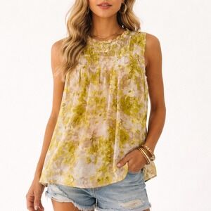 Joie Smocked Sleeveless Blouse Yellow White Print XXL Boho Summer Top NWT